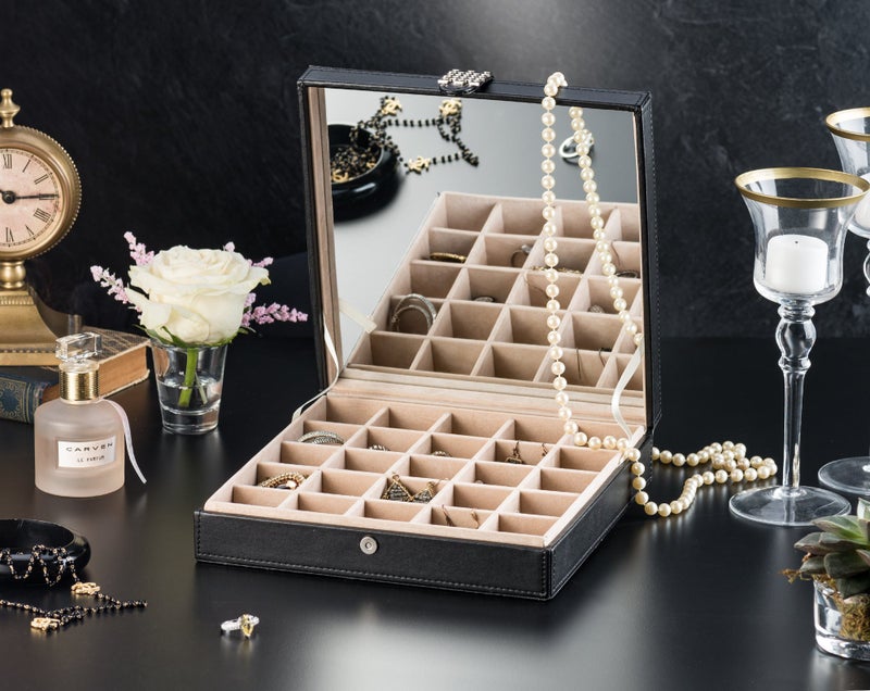 Glenor Co Earring Organizer - Classic 25 Section Jewelry Box/Case/Holder for Earrings, Rings, Necklaces, Jewelry, Cufflinks or Collections. 25 Small Compartments with Elegant Large Mirror - Black - Image 2
